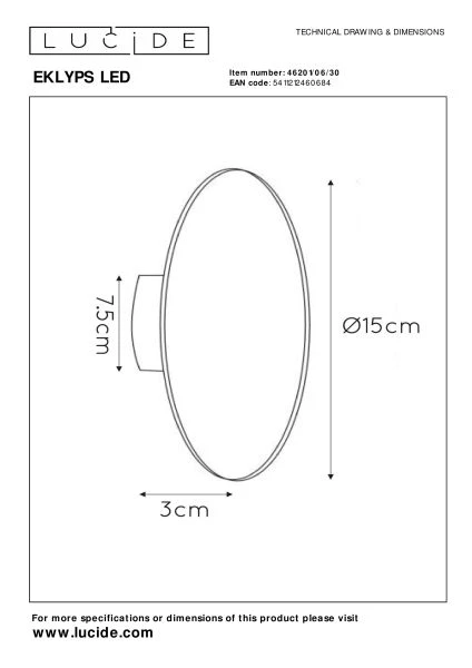 Lucide EKLYPS LED - Lámpara de pared - Ø 15 cm - LED - 1x7W 3000K - Negro - técnico